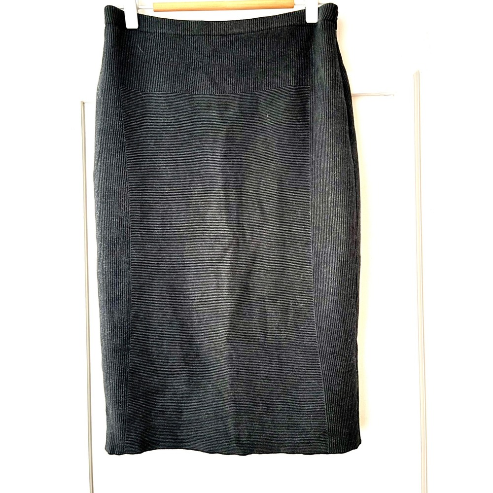 Oleana Norway Flora Silk Merino Wool Ribbed Pencil Skirt Dark Gray Small NO5265
